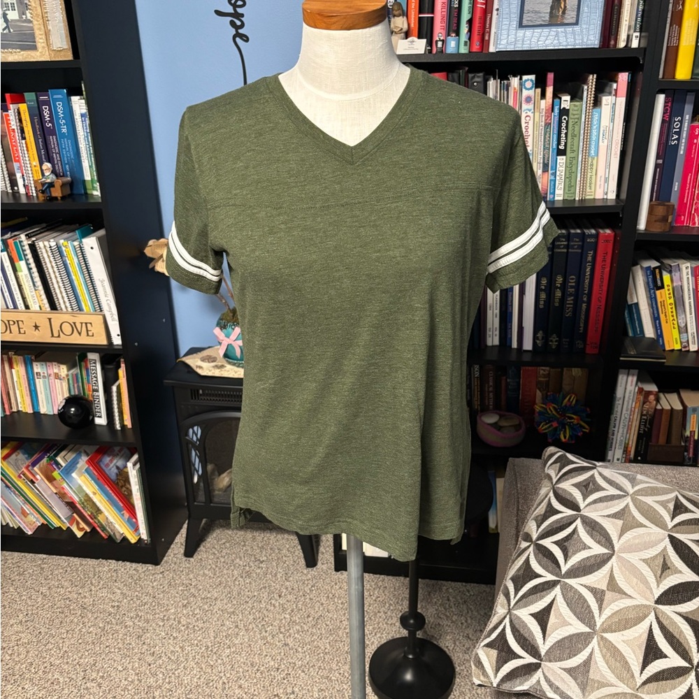 Hobby Lobby Olive V-Neck Tee with White Stripes